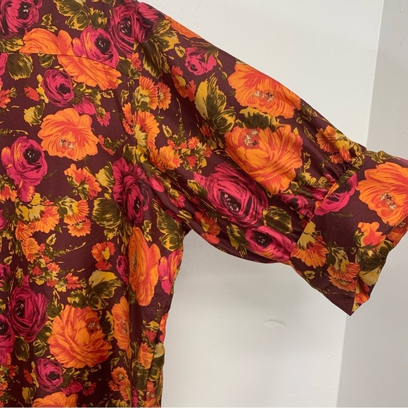 Zara Silk Blouse‎ Top Woman Medium  Purple Floral High Neck Colorful Tropical - Picture 3 of 13